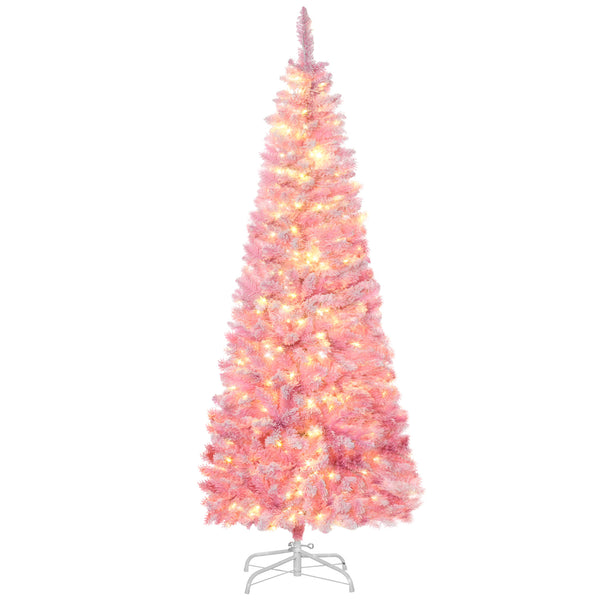 English Elm Homcom 6Ft Snow Flocked Pencil Christmas Tree With Warm White Leds – Perfect Space-Saving Holiday Decor W2225P229398