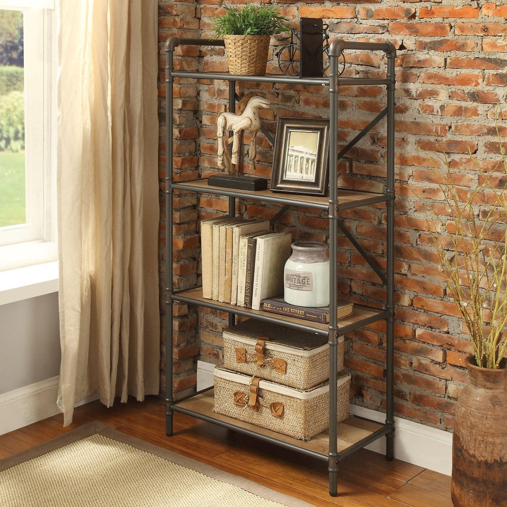 English Elm 4 Tier Bookshelf Industrial Metal Frame with Antique Oak Shelves and Sandy Gray Modern Style, Sturdy Elegance B016P311287