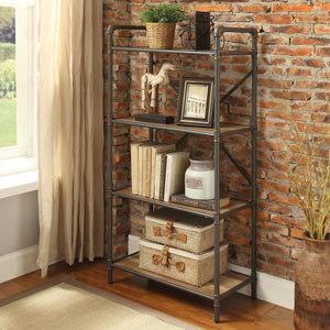 English Elm 4 Tier Bookshelf Industrial Metal Frame with Antique Oak Shelves and Sandy Gray Modern Style, Sturdy Elegance B016P311287