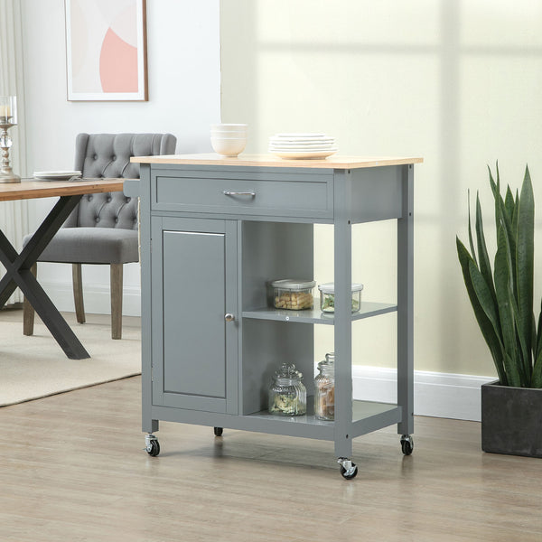 English Elm HOMCOM Mobile Kitchen Island Cart with Solid Wood Top, Drawer, Cabinet & Towel Rack for Dining Room Grey W2225P217391