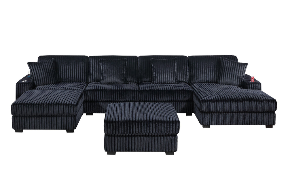 English Elm Contemporary Modular U-shaped Sectional with Corduroy Fabric Usb Port and Cup Holders B011S02235