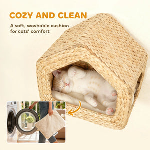 English Elm Wall Mounted Seagrass Cat Cave Handwoven Bohemian Pet Perch with Plush Cushion Inside T3971P413073