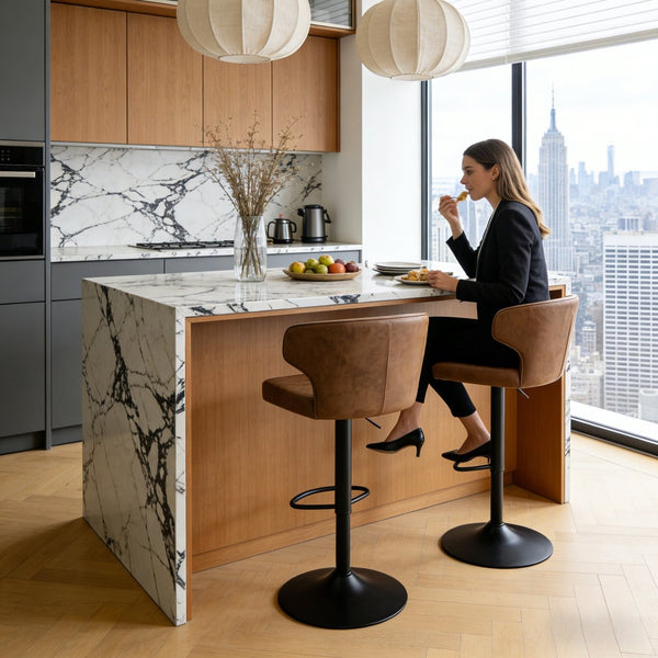 English Elm Modern Oil-wax Upholstered Swivel Barstools with Ergonomic High Back for Kitchen Islands W2920P419851