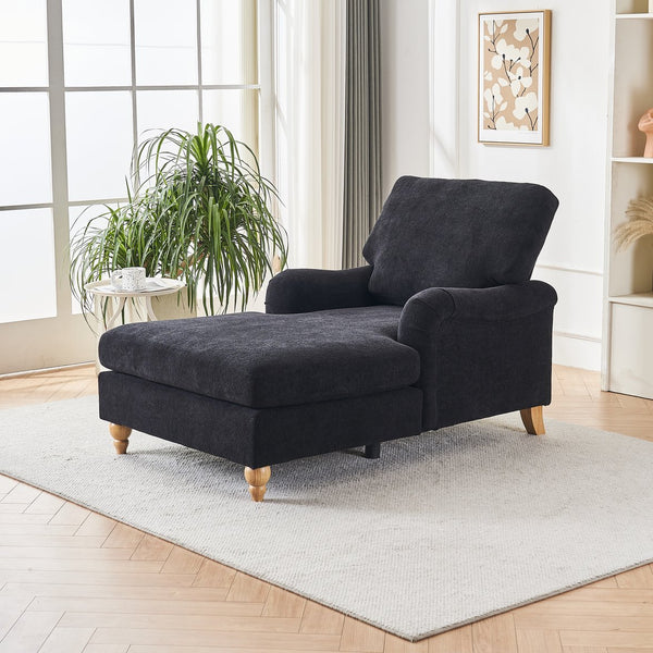 English Elm Modern Mid-Century Oversized Chaise Lounger Sofa Bed with Solid Wood Legs, Deep Seat Comfort Sleeper Black W2363S00068