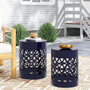 English Elm Outdoor Powder-coated Iron Nesting Accent Tables Set of 2 Laser-cut Circle Design Navy Blue 73606.00NBLU