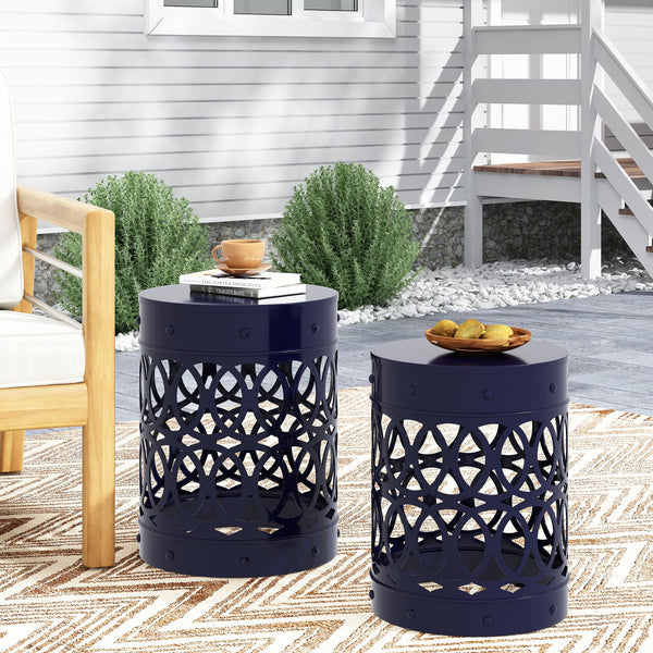 English Elm Outdoor Powder-coated Iron Nesting Accent Tables Set of 2 Laser-cut Circle Design Navy Blue 73606.00NBLU
