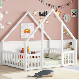 English Elm Full House-Shaped Floor Bed with Fence and Guardrails, Pine Wood Play Loft for Imaginative Kids Retreat White W504P143294