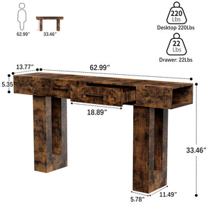 English Elm 63-Inch Farmhouse Console Table — 63" Long Sturdy Engineered MDF Entryway Sofa Hallway Display Surface Reddish Brown W1550P317447