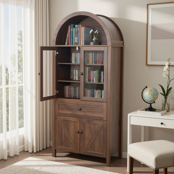 English Elm Dome Top Apothecary Cabinet Antique Inspired Tall Storage with Arched Silhouette Walnut,Walnut Brown W1785S00001
