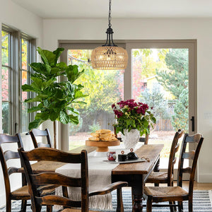 English Elm Farmhouse Rattan Chandelier - 3-Light Boho Pendant Light Fixture For Dining Room & Coastal Spaces W2738P185445