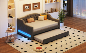 English Elm Upholstered Full XL Daybed with LED Belt and Trundle, Linen Backrest, Modern Silhouette, 450lb Capacity Gray DL002059AAE