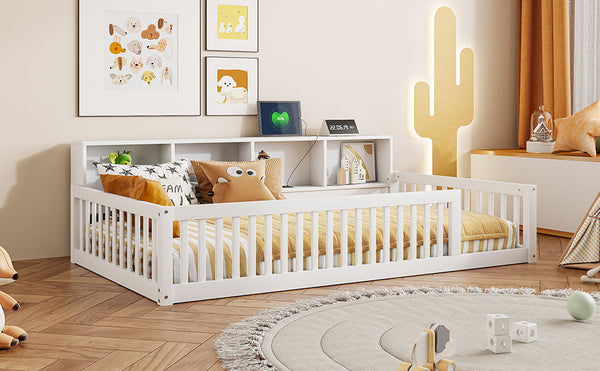 English Elm Wood Twin XL Floor Bed with Built-In Storage Cabinets, USB Charging Ports, Space-Saving Design White N709P205811K