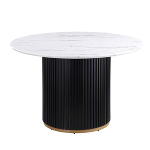 English Elm 46 Inch Round Faux Marble Top Dining Table Fluted Black Base Gold Accent Seats 4 W5739S00001