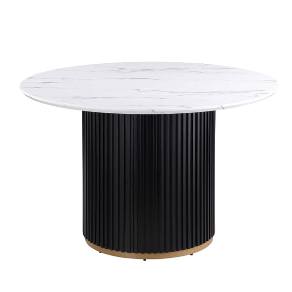 English Elm 46 Inch Round Faux Marble Top Dining Table Fluted Black Base Gold Accent Seats 4 W5739S00001