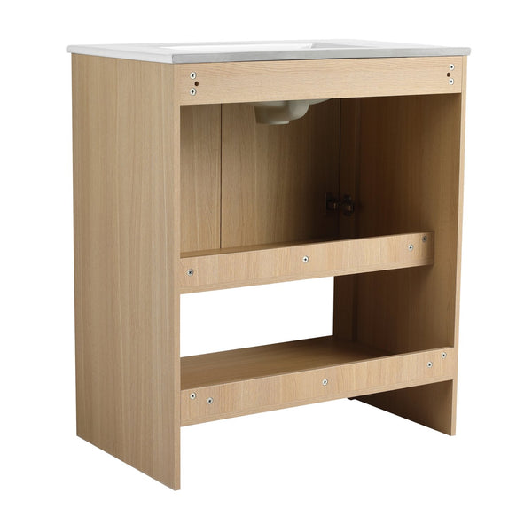 English Elm 30" Freestanding Bathroom Vanity with Ceramic Sink, Oak Plywood Finish, Soft-Closing Doors, Open Shelf W1972S00024