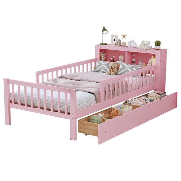 English Elm Twin Size Bed With Pink Finish, Headboard Storage, Under-Bed Drawers & Guardrails For Kids' Safety N733P272374H-GIGA