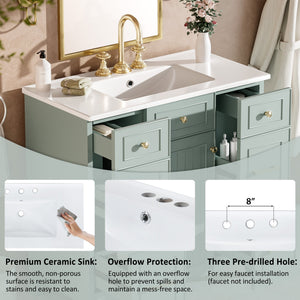 English Elm 36" Green Bathroom Vanity with Ceramic Sink, Gold Handles, Soft-Close Drawers & Adjustable Shelf N729P257304F