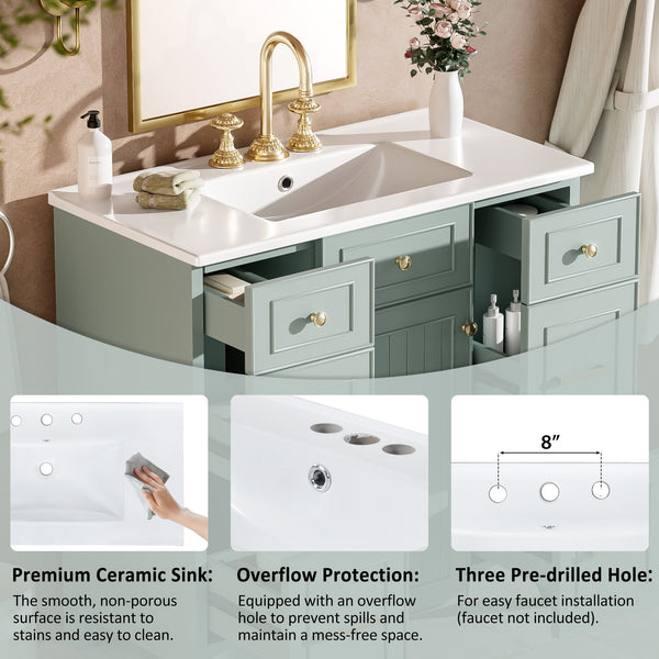 English Elm 36" Green Bathroom Vanity with Ceramic Sink, Gold Handles, Soft-Close Drawers & Adjustable Shelf N729P257304F