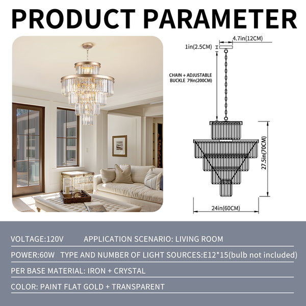 English Elm (Same As W1340P188536) Golden Luxury Crystal Chandelier - Modern 5-Tier Pendant Light For Elegant Spaces W1340P189340