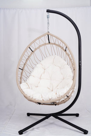 English Elm Outdoor Egg-shaped Hanging Chair with Stand — Beige Gray+White HDPE Cushions, 350lb Sturdy Frame W2500P290032