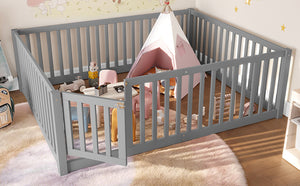 English Elm Twin Floor Bed Pine Wood Frame with Guardrails and Door for Safe Toddler Sleep Gray W1580P418052