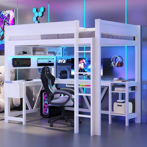 English Elm Wood Full Size Gaming Loft Bed With Desk, Led Lights, Storage Shelves & Charging Station - White N7090004022K-GIGA
