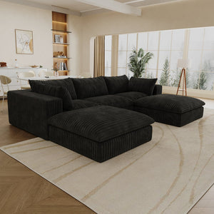 English Elm 118.2" Modular Cloud Sofa Corduroy Upholstered Deep Seat Lounge for Living Room Black W2824S00182