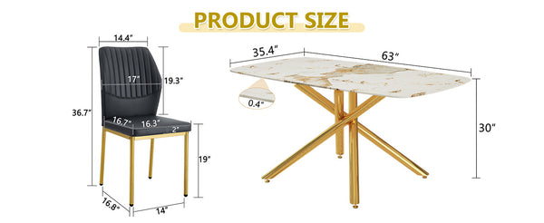 English Elm Table and Chair Set Marble Glass Top Six Seats Gold Legs Modern Dining Room W1151S04543