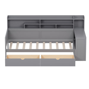 English Elm Wooden Twin Daybed with Built-In Desk, Side Shelves and Dual Drawers for Smart Space Saving Gray 54.9 L x 18.75 W x 5.6 H N733S241484E