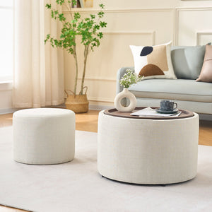 English Elm Ball Cast Round Nesting Ottoman Set Linen Upholstered Hidden Storage with Wooden Tray Beige W3163P379373