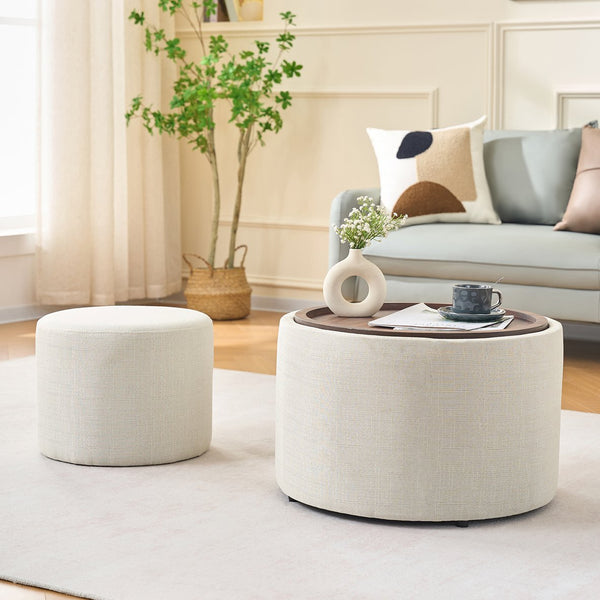 English Elm Ball Cast Round Nesting Ottoman Set Linen Upholstered Hidden Storage with Wooden Tray Beige W3163P379373
