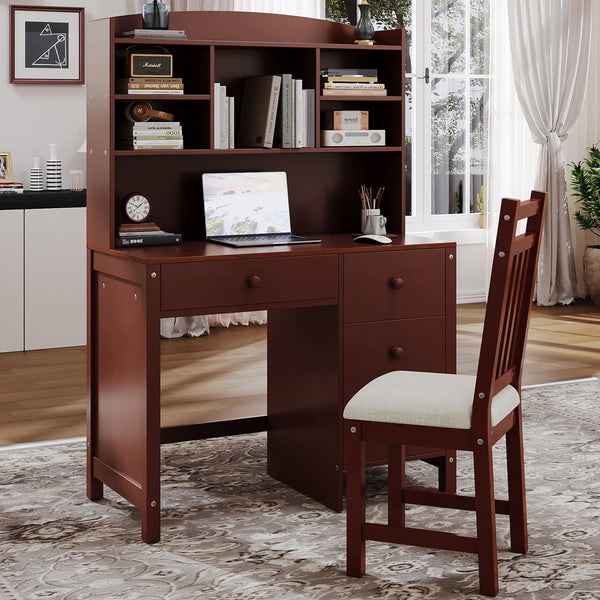 English Elm Vintage 40'' Home Executive Desk Set with Upholstered Chair and Built-In Bookshelf for Stylish Productivity Espresso 44 L x 23 W x 13.5 H N733P272894P