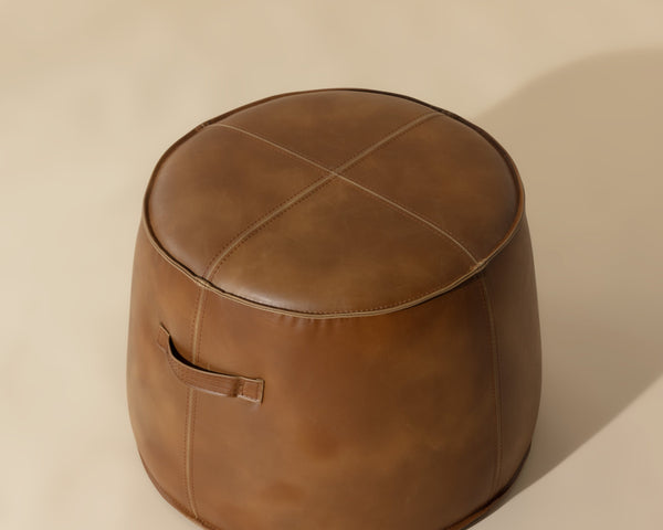 Sunpan Mitchell Ottoman - Stylish Round Faux Leather Accent Piece with Decorative Handle for Any Space Tobacco Tan