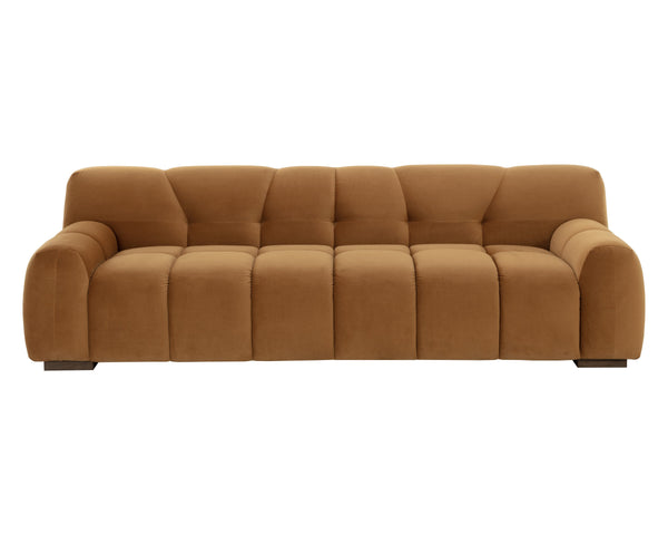 Sunpan Romy Sofa - Plush Meg Gold Upholstery & Distressed Brown Birch Legs for Ultimate Comfort & Style