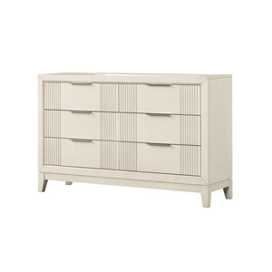 English Elm Antique White Six Drawer Dresser with Mirror Fluted Wood Panels Chrome Pulls B2741S00927