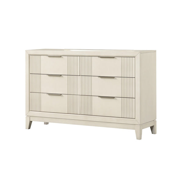 English Elm Antique White Six Drawer Dresser with Mirror Fluted Wood Panels Chrome Pulls B2741S00927
