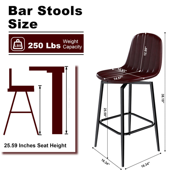 English Elm Modern Bar Stools 360° Swivel PU Seats with Back, Metal Legs, 25.6" Counter Height, Dark Brown Set of 2 W2699P358874