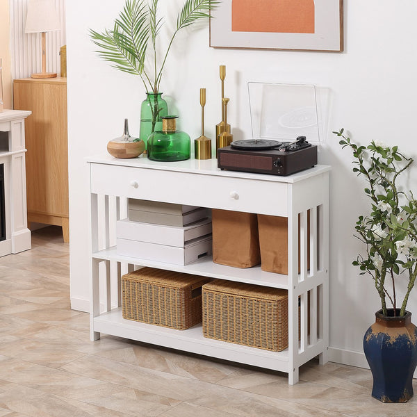 English Elm HOMCOM Narrow Console Table with Extra Wide Drawer, Slatted Frame, 2 Open Shelves & Anti-Tip Safety White W2225P249591