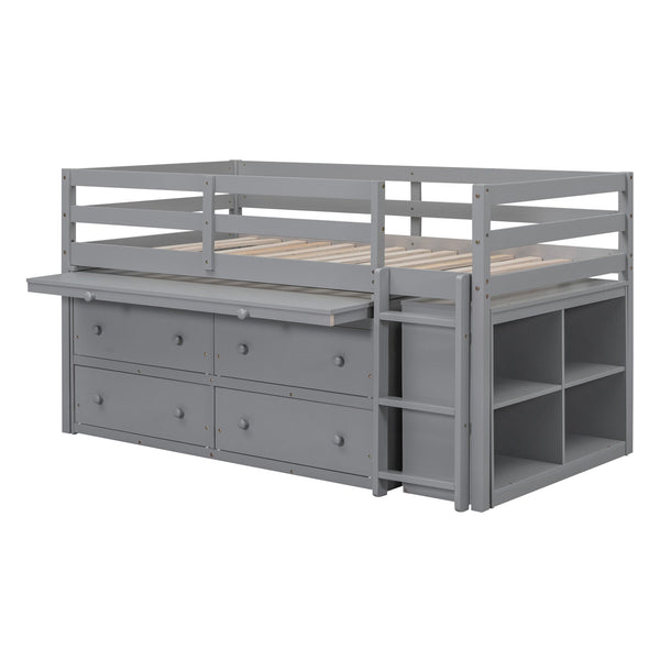 English Elm Twin Loft Bed Pinewood Frame Four Drawers Retractable Study Desk Kids Bedroom Gray LT000368AAE