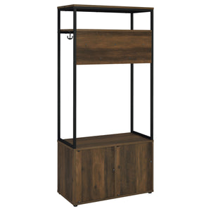 English Elm Flora Transitional Hall Tree with Seven Hooks Cabinet Shelves and Dark Pine Metal Frame B062P452017