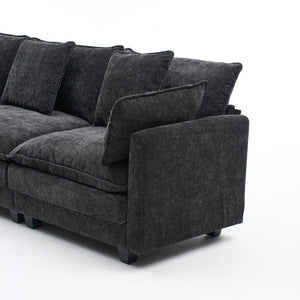 English Elm Beige Chenille Sectional Sofa with Modular Ottoman for Living Room or Studio Black W2603S00006