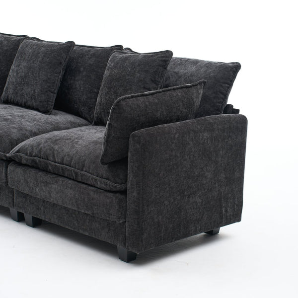 English Elm Beige Chenille Sectional Sofa with Modular Ottoman for Living Room or Studio Black W2603S00006