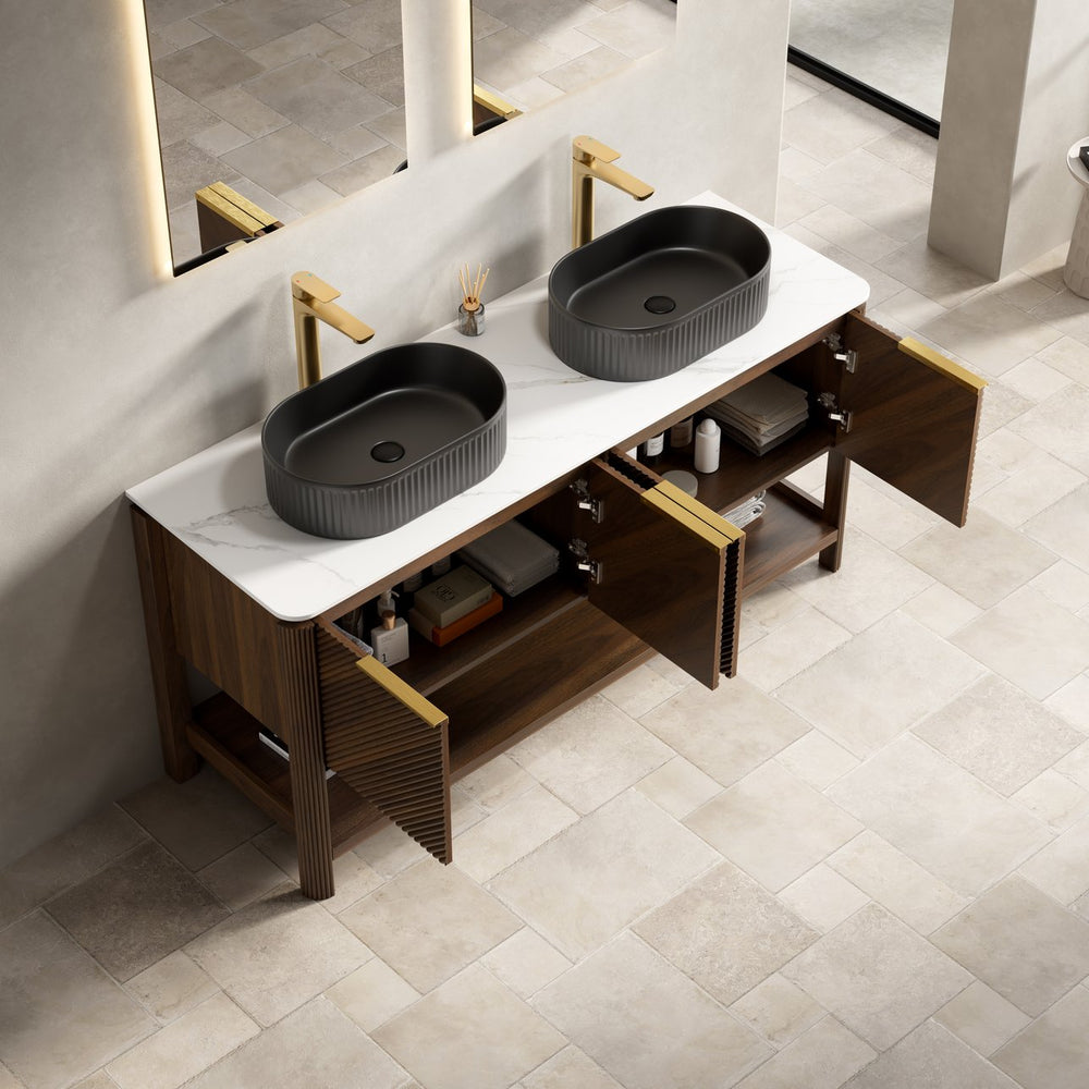 English Elm Dina 60 Inch Floating Bathroom Vanity Sintered Stone Top Dual Glass Basins Wood Grain W2615S00724