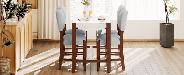 English Elm 5-Piece Counter Height Dining Set with Faux Marble Top and Upholstered Seats, Mid-Century Pub Charm White+gray N752S000086E