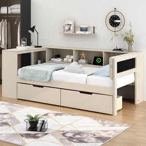 English Elm Wood Twin Size Platform Bed With Usb Charging, Storage Drawers, Upholstered Headboard In Cream GX002107AAC-1-GIGA