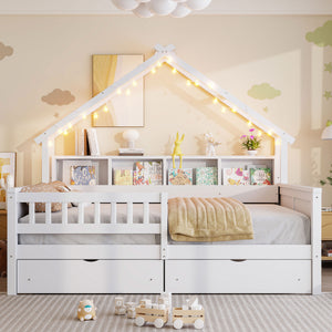 English Elm Wood Full Size Gaming Loft Bed with Integrated Desk, Shelves, LED Lighting & Hanging Clothes Rack White N7090001044K