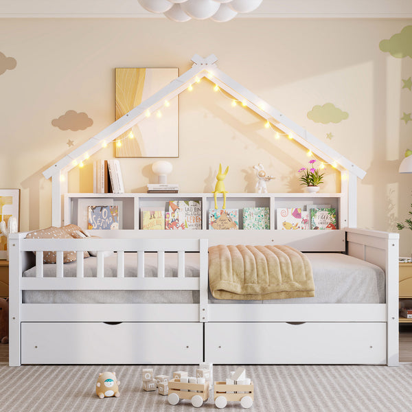 English Elm Wood Full Size Gaming Loft Bed with Integrated Desk, Shelves, LED Lighting & Hanging Clothes Rack White N7090001044K