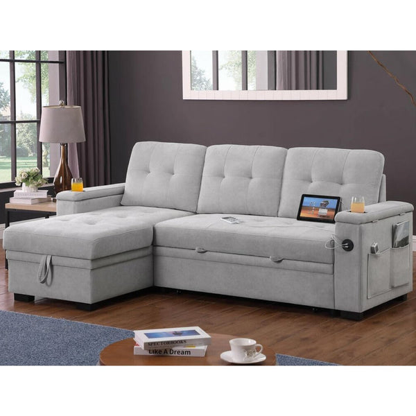 English Elm Woven Fabric Reversible Sleeper Sectional Sofa With Storage Chaise & Usb Ports For Modern Living B016S00042-GIGA