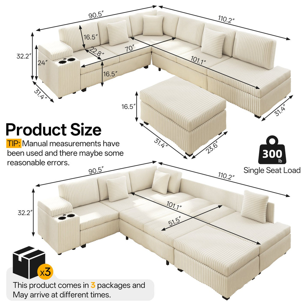 English Elm 110.2" Corduroy Sectional Sleeper Sofa with Ottoman Usb Ports Storage Armrests Living Room Beige W3219S00013