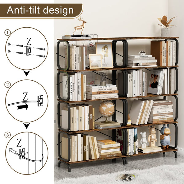 English Elm 5-Tier Industrial Bookshelf Rustic Brown Metal Frame Open Shelves 450lb Capacity Anti-Tip Design W2699P223204